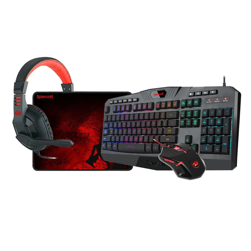 ست گیمینگ ردراگون مدل S101-BA-2 شامل کیبورد 104 کلید با نورپردازی RGB و مقاومت در برابر پاشیده شدن مایعات، ماوس با دقت 800 تا 3200 DPI، هدفون سیمی با درایور 40 میلیمتری و میکروفون، و ماوسپد حرفهای