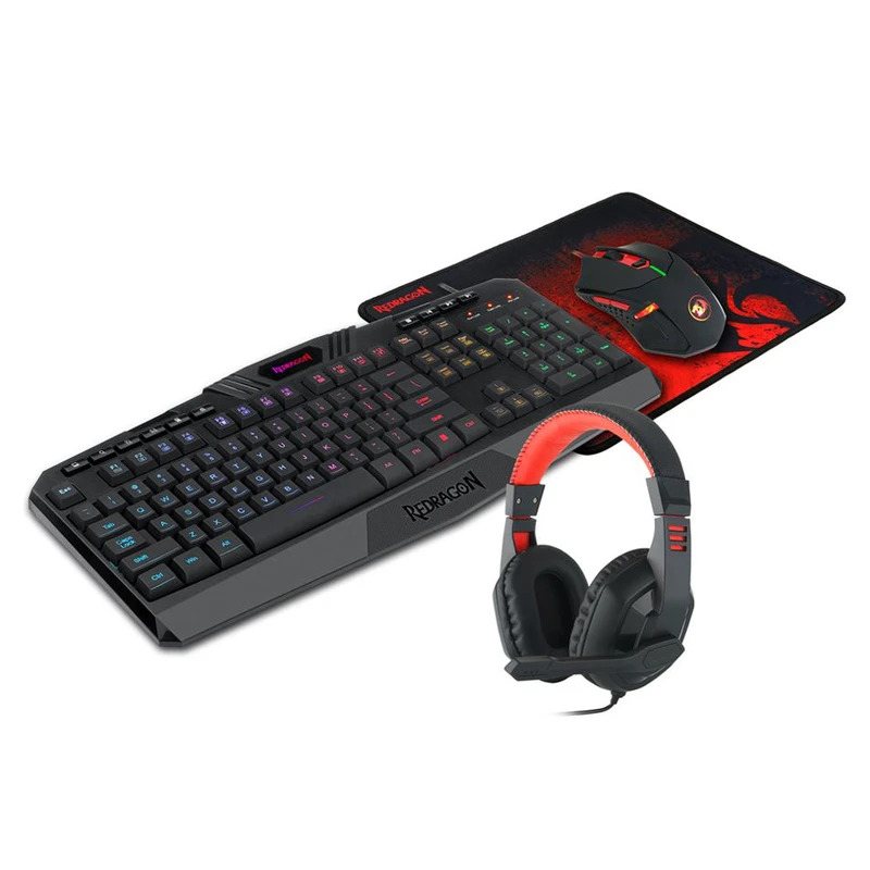 ست گیمینگ ردراگون مدل S101-BA-2 شامل کیبورد 104 کلید با نورپردازی RGB و مقاومت در برابر پاشیده شدن مایعات، ماوس با دقت 800 تا 3200 DPI، هدفون سیمی با درایور 40 میلیمتری و میکروفون، و ماوسپد حرفهای - Image 2